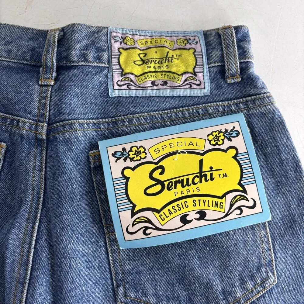 NWT Vintage 90s Servuchi Paris Denim Shorts Black Suede Panel Baggy Size 9/10